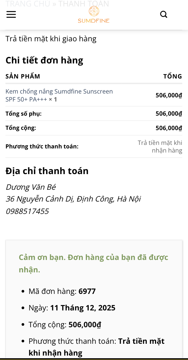 Hướng dẫn mua hàng và thanh toán tại Sumdfine.com 5 Đặt hàng thành công tại Sumdfine