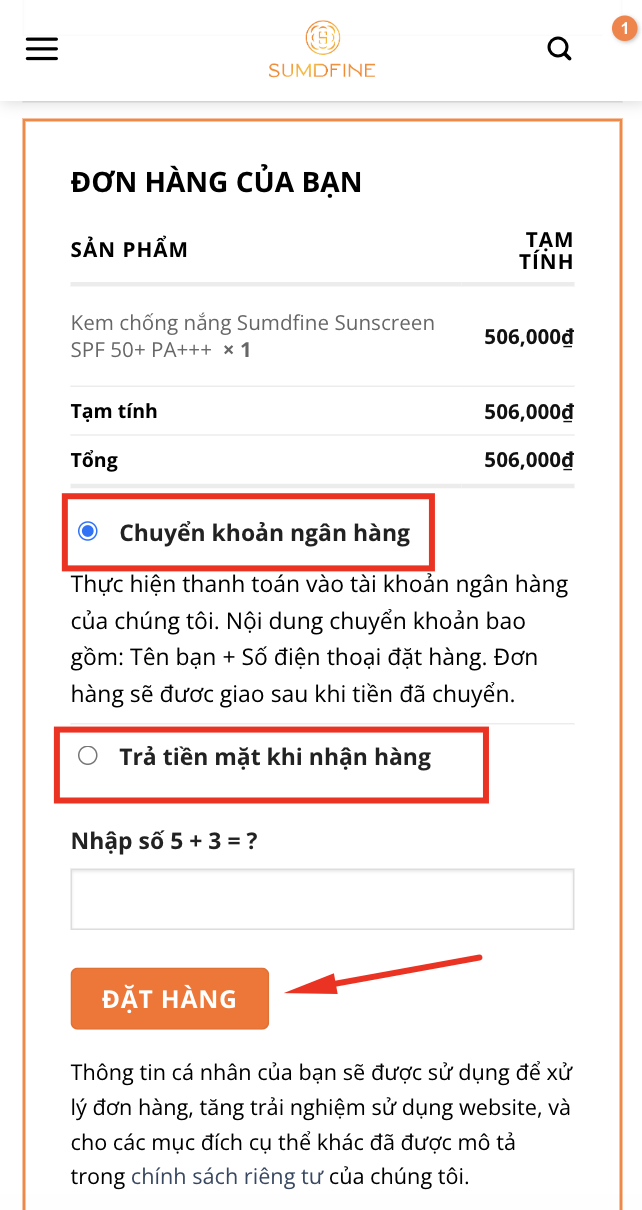 Hình thức thanh toán 1 Cách thanh toán đơn hàng tại Sumdfine.com