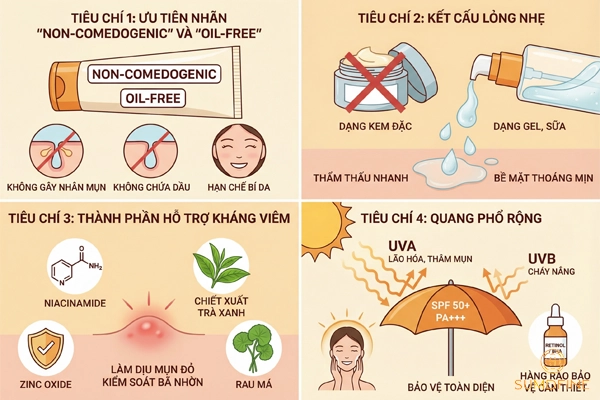 Top 10 kem chống nắng cho da mụn ẩn không gây bít tắc 2026 2 Tiêu chí chọn kem chống nắng cho da mụn ẩn