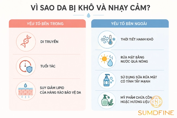 Cách chăm sóc da khô nhạy cảm: 7 bước phục hồi hàng rào da hiệu quả 3 Những nguyên nhân khiến da khô nhạy cảm