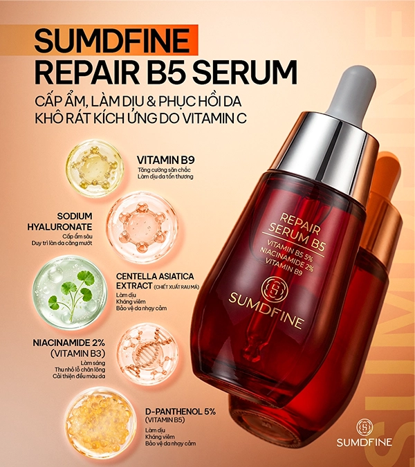 5 nguyên nhân khiến da bị khô rát, bong vảy khi dùng vitamin C & Cách xử lý 6 Tập trung phục hồi da khô rát với Sumdfine Repair B5 serum