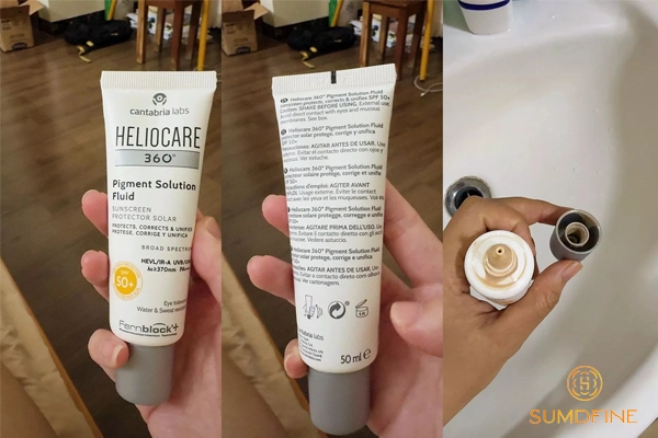 đánh giá kem chống nắng vật lý lai hoá học Heliocare 360 Pigment Solution Fluid SPF50+
